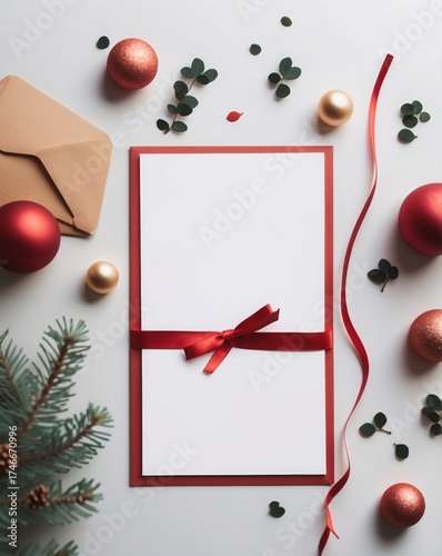 christmas card with christmas decorations, A festive arrangement on a white surface includes a blank card bordered in red with a red ribbon,
