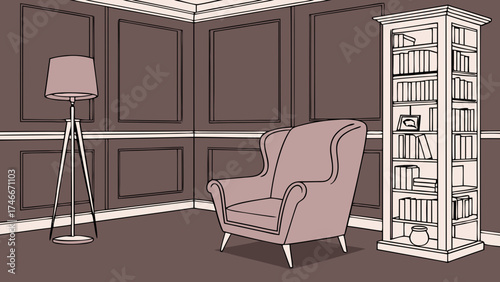 Elegant Living Room Interior Design with Armchair and Bookshelf.