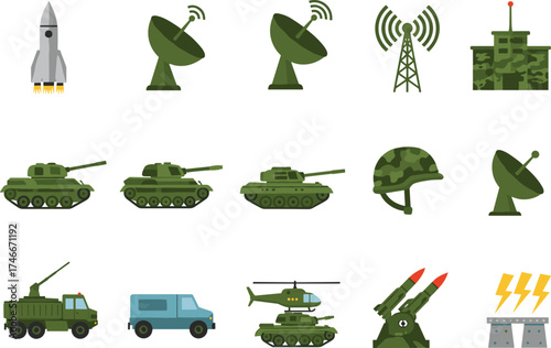 Military, tank, missile, launcher, satellite, dish, communication, vehicle, truck, helicopter, war, defense, combat, technology, infrastructure, radar, antenna, silhouette, vector, isolated, weapon, 