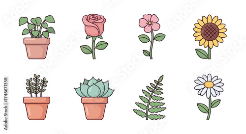 Vector Icons Set of A collection of cute cartoon plant and flower illustrations including rose sunflower and succulents. Vector Illustrations. EPS Editable