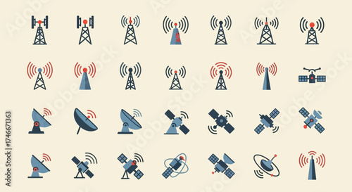 Vector Icons Set of A comprehensive icon set of communication towers antennas and satellites. EPS Editable