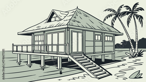 Tropical beach house illustration vacation home design waterfront property seaside bungalow thatched roof palm trees ocean view coastal architecture summer getaway holiday home tropical.