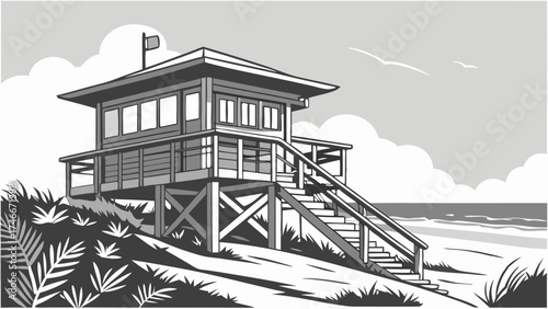 Elevated Beach Lifeguard Stand with Ocean View Monochrome Illustration.