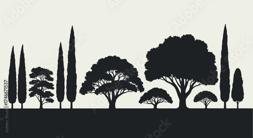 Vector Icons Set of A graphic vector illustration of various tree silhouettes in a row. EPS Editable