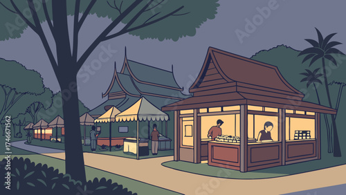 Evening Market Scene Asian Style Kiosks and Stalls Night Market Illustration.