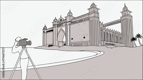 Filming a grand architectural structure near water.