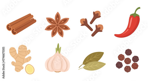 Vector Icons Set of Aromatic spices and herbs set with cinnamon star anise cloves chili pepper ginger garlic bay leaf and peppercorns. Vector Illustrations. EPS Editable