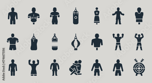 Vector Icons Set of Black Silhouette Icons for Boxing Martial Arts and Combat Sports Training. EPS Editable