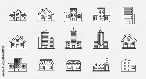 Vector Icons Set of Building icons set with house skyscraper and factory line art illustrations. Vector Illustrations. EPS Editable