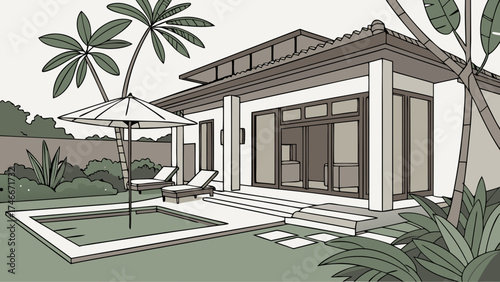 Tropical Villa with Pool and Patio Relaxing Vacation Home Illustration.