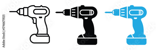 Professional power drill vector icons for construction, DIY, and home repair projects, available in black and blue for versatile design needs, a modern take on essential tools