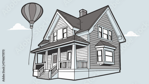 House illustration with hot air balloon home design real estate architectural drawing.