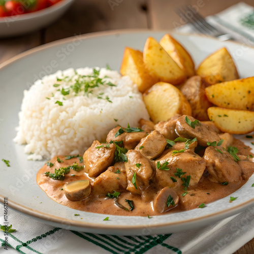 chicken stroganoff with rice and straw potatoes