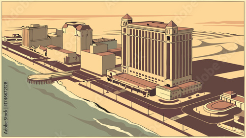 Vintage Coastal Cityscape Illustration Retro Architecture Oceanfront Buildings Boardwalk Design Summer Vacation Travel Poster Seaside Town Urban Skyline Coastal Scene Architectural Drawi.