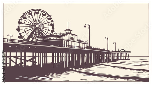 Vintage illustration of a pier with Ferris wheel ocean waves and boardwalk.