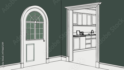 Interior Design Sketch Arched Door Kitchenette and Green Walls.