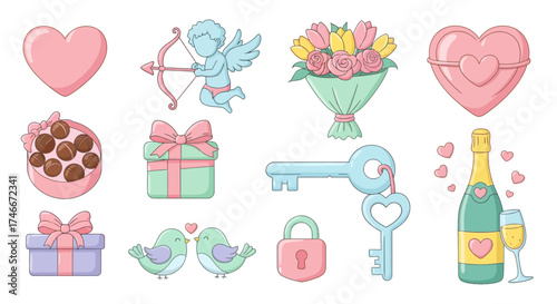 Vector Icons Set of Cute hand drawn Valentines Day elements collection with romantic symbols like hearts cupid and gifts. Vector Illustrations. EPS Editable