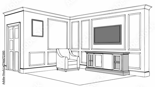 Interior design sketch modern living room wainscoting TV armchair fireplace elegant home decor furniture arrangement.