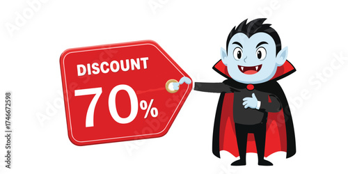 A cartoon vampire stands next to a large red sign advertising a seventy percent discount.