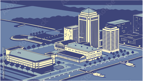 Isometric illustration of city skyline at night urban landscape architectural design buildings river boats nighttime city view.