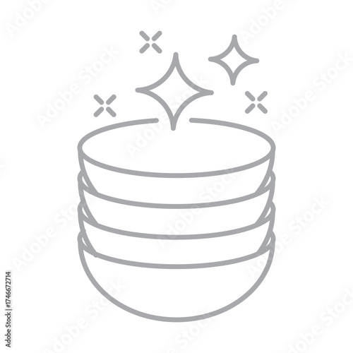 Clean plates linear icon isolated on transparent background. Outline dishware with shining stars. Simple line style ideal for dishwashing, hygiene, kitchen cleaning, household care. Editable stroke.