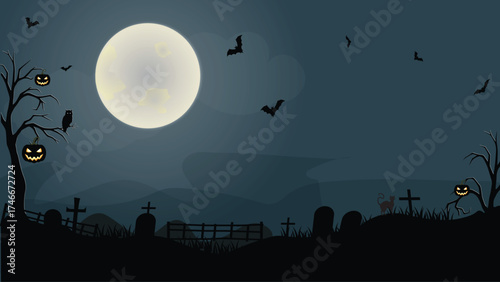 Spooky Halloween Graveyard Scene with Full Moon, Flying Bats, and Haunted Tombstones in Dark Night Atmosphere