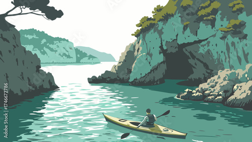 Kayaking through a scenic coastal cave tranquil waters summer adventure nature illustration.