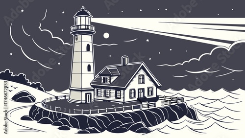 Lighthouse at Night Coastal Scene Beacon Ocean Waves Starry Sky Nautical Illustration Seascape Artwork Graphic Design Nighttime View.