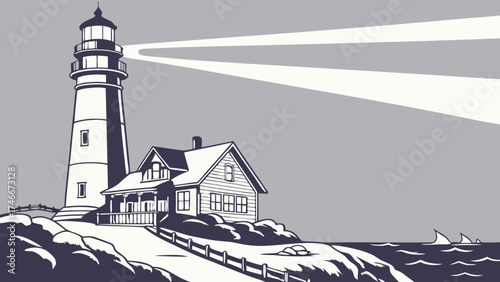 Lighthouse illustration coastal scene beacon sea ocean house cottage cliff rocks nautical maritime graphic design vector art vintage style monochrome black and white sailboat sai.