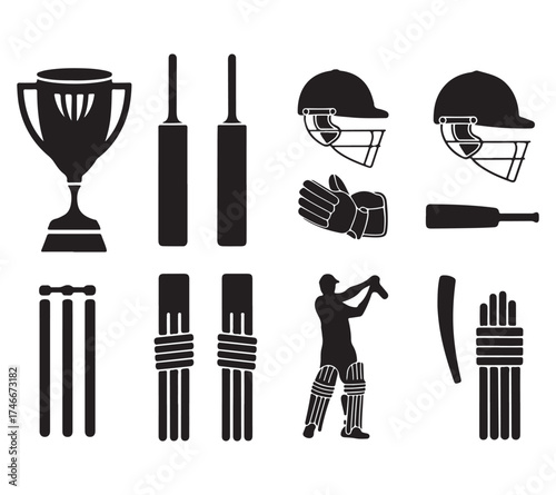 Cricket Player and Equipment Silhouette Vector for Sport Illustration