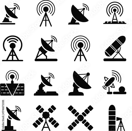 Modern satellite antenna vector icons collection, radar communication technology symbols, wireless signal transmitter dish silhouettes, global network telecommunication connection illustration, black 