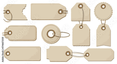 Vector Icons Set of collection of empty beige paper sale tags and labels in different shapes isolated on a white background. EPS Editable