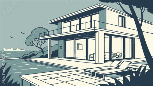 Modern house illustration ocean view pool luxury home design architectural drawing minimalist home seaside property summer vacation real estate home exterior patio furniture swimming p.