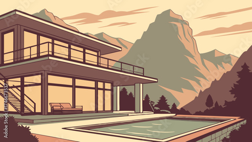 Modern House with Pool and Mountain View Luxury Real Estate Illustration.