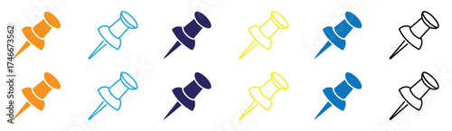 Push pin icon set. Linear and silhouette style. Vector illustration