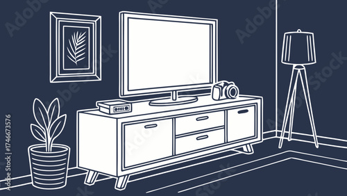 Modern Living Room Interior Design Illustration Flat TV Cabinet Plant and Lamp.