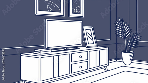 Modern living room interior design illustration minimalist flat style TV cabinet home decor artwork plant.