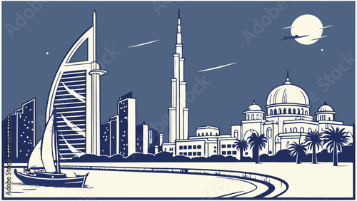 Night cityscape with tall buildings a mosque and a boat vector illustration.