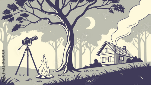 Nighttime forest scene with camera on tripod campfire and cabin illustration.