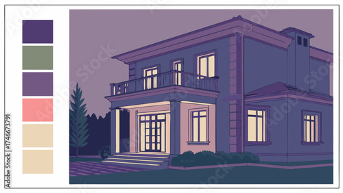 Nighttime illustration of a two-story house with a balcony illuminated windows and landscaping perfect for real estate home design or architectural projects.