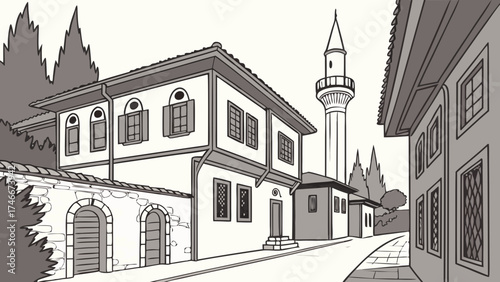 Old Town Street Scene Traditional Architecture Minaret Houses Cityscape Black and White Illustration.