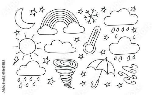 Weather icons doodle set, Cloud and rainbow outline art, Sun and rain minimal drawing