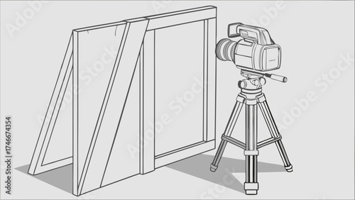 Professional Video Camera on Tripod with Backdrop Illustration Filmmaking Equipment Studio Setup Video Production Broadcasting Cinematography.