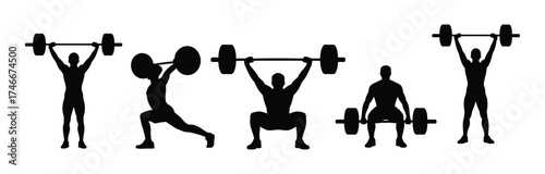Silhouettes of men performing various barbell weightlifting and strength training exercises, including squats, deadlifts, and bench presses, on a transparent background