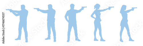 Dynamic silhouettes of men and women aiming guns with precision, perfect for action movie posters or security training materials in a modern, stylized design