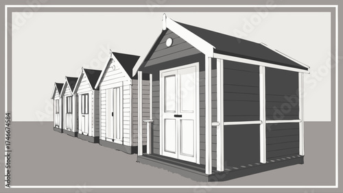 Row of charming beach huts grayscale illustration summer holiday coastal design architectural sketch vacation home seaside cottage simple house summer house small dwelling building illu.