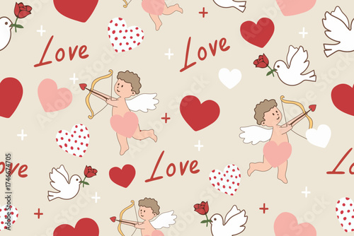Cute Valentine seamless pattern with cupid angels, hearts, doves, roses, and love text on beige background, perfect for romantic designs and wedding decor.
