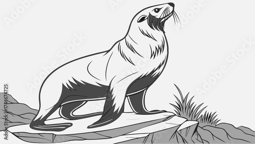 Sea Lion on Rocks Monochrome Illustration Wildlife Art Animal Drawing Vector Graphic.