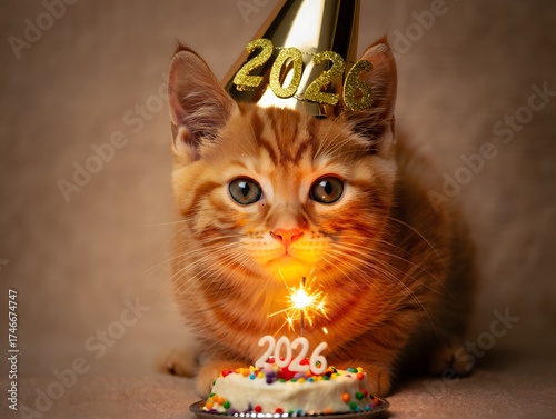 Cute ginger kitten wearing a golden party hat with 2026 numbers and a sparkler on a small cake
