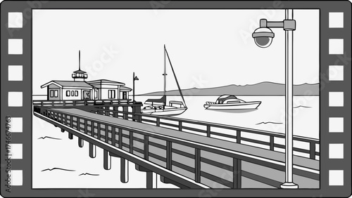 Seascape Illustration Wooden Pier Boats and Calm Water Filmstrip Border Design.
